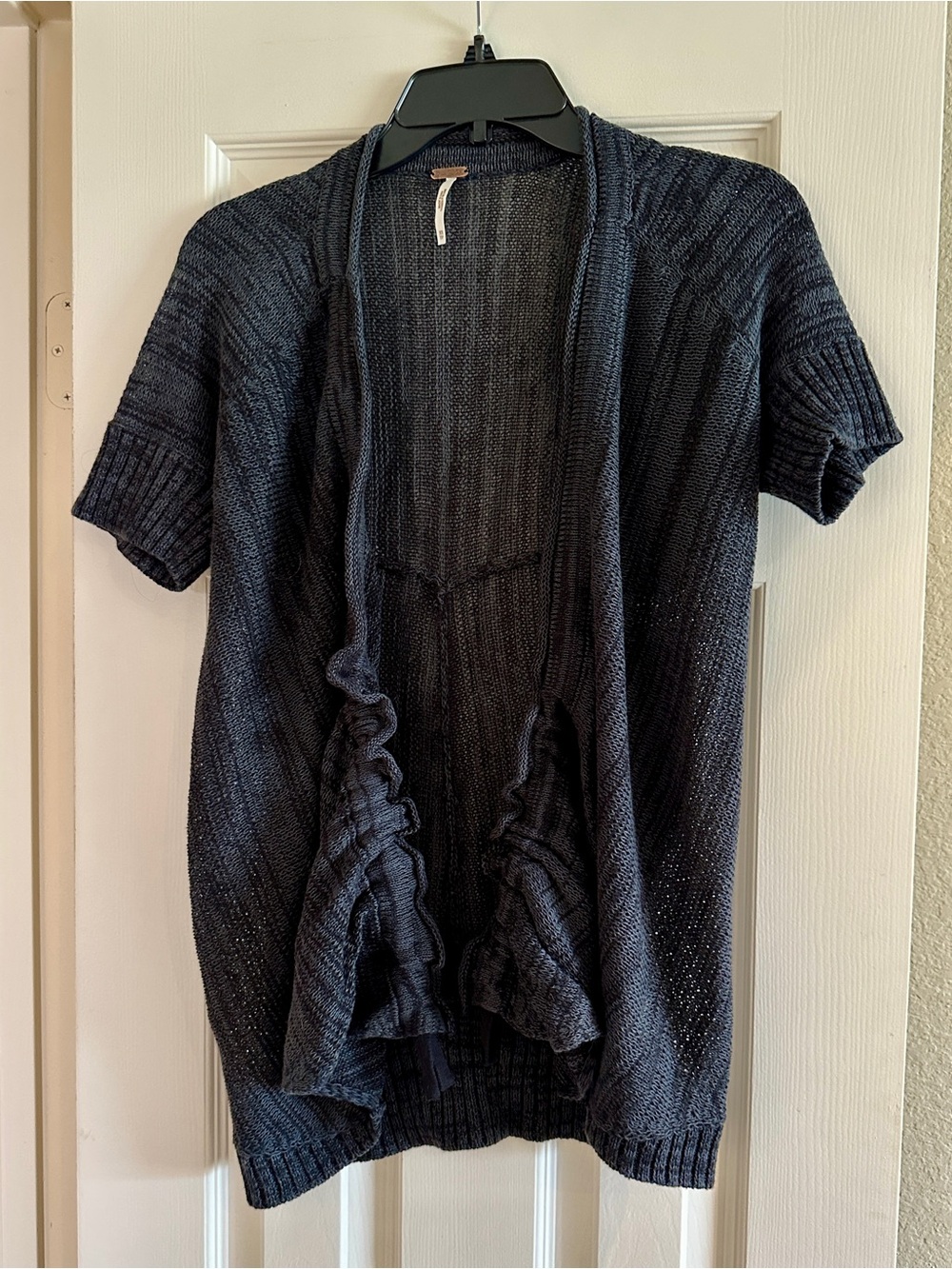 Free People Short-Sleeve Ruffle Open-Front Cardigan - Charcoal Gray